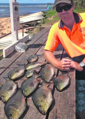 Nathan McCallum with his catch of 10 luderick to 1.2kg. Varying the float depth and then dispensing with it altogether was the key to a tasty feed.