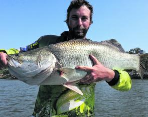 Andrew Wilcox displaying another cracking barra caught at the Bounty. Beautiful and healthy fish.