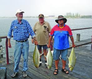 From left to right John, John and Trevor with nice queenies from the Boardwalk in Caloundra You will see these boys 300 days of the year fishing there so say g’day to them next time you are in Caloundra.