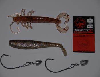 Soft plastic shads and prawns are common fare for species like cod, jacks, barra and trevally and many other species. SnakelockZ rigs come in an array of hook sizes and head weights. The weight off any hook size can easily be added to another hook size, w