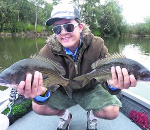 Dylan Findlay with two lovely Mitchell River bream caught on a 35mm blade lure. 