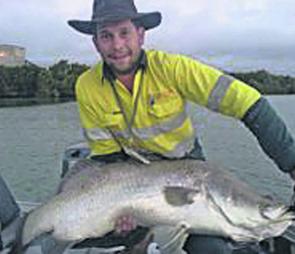 Leon Wayne with a barra well over the magic-metre going around the 130cm mark.