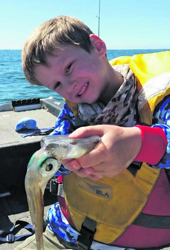 Young Cooper Hodges proudly displays his first squid, taken while casting and retrieving a 3.0 size jig in 6m of water at Point Cook. 