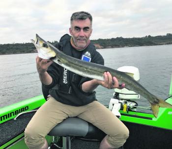 Plenty of by-catch is available when fishing soft plastics on the inshore reefs. Peter Mazey holds a nice pike, one of a few taken in the same session