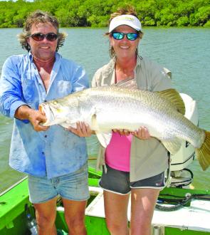 Julie Poile with a 102cm barra caught at Hinchinbrook – a spectacular wild fish.