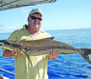 Brett Plowman with a 10kg cobia caught in January. The offshore fishing will be great in February.