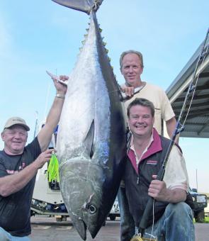 Smiles all round as Chris (Redeye) fowler, Simon Mantell and Steve Frankland weigh in a massive southern bluefin tuna.