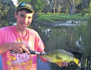 Yellowbelly caught on a purple spinnerbait with a green pearl strike tiger tail, caught by Jack Beven in the Kiewa river. Photo courtesy Jack Hauser.