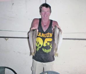 Rye angler Matt Lowerson with some of the big whiting he and John Mc Fayden caught at Port Albert.