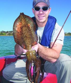 Brent Hodges with a squid caught on a Yozuri Squid jig from the weed beds off the Clifton Springs boat ramps.