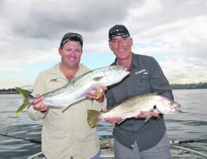Nick and Andrew from the TV show Hook, Line and Sinker with a king and a school mulloway.