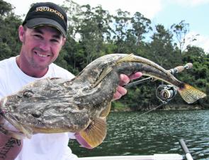 The author was fishing Squidgy Wrigglers for bream on 3lb leader when he felt the clunk of a solid fish. Manoeuvring the boat and hovering over the fish during the whole fight avoided the leader rubbing across the fish’s mouth and 83cm of flathead was the