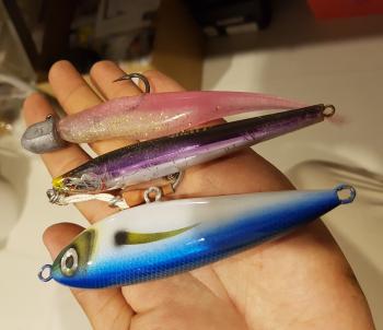 Here’s a selection of the author’s preferred lures when chasing longtail tuna. Pinks and blues are his favourite colours.