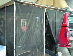 The ARB awning with mosquito net, a handy adjunct for the touring tent. 