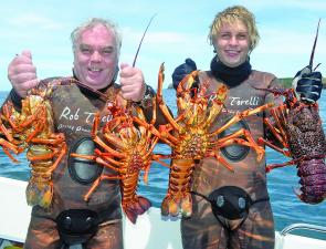 Joe Bednaret and Jake Morris and with their bag limit of Philip Island crayfish.