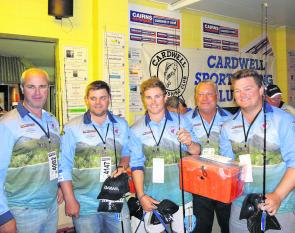 The Champion Team Morgan Macory, Nathan and Daniel Mathieson with the reps of Barra Bonanza sponsors, Cairns Hardware. 