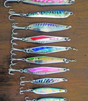 A typical selection of lures suitable for spinning for salmon off the beach.