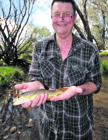 Gary Alexander with a wonderfully coloured brown trout from a small tributary of the King River.