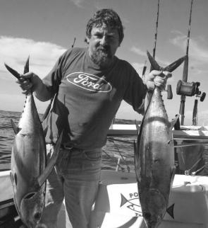 Lockie Woombel with a pair of albacore from the Continental Shelf off Portland.