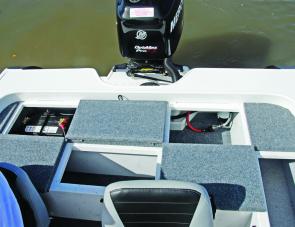 Ample storage areas aft for tackle boxes and the like are under the rear casting deck of the Seascape. 