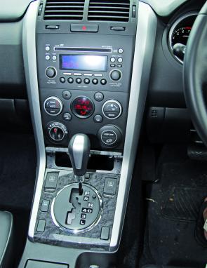 Major controls and gear selector are right at hand in a well set out module on the Grand Vitara Prestige's dash and central console. 