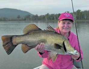 While it’s not the largest barra to come from Lake Proserpine, Denise Kampe was pretty pleased with her first fish from the dam. 
