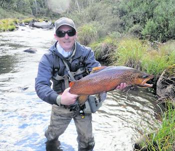 Nathan Walker with a magnificent 4.2kg brown trout caught on a size 16 black nymph in the Eucumbene River. The fish was well upstream on its annual pre-spawning run and was fighting fit, providing a good test for the 3.6kg fluorocarbon leader in the fast-