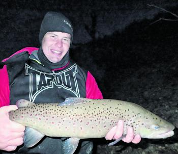 Chris Skillin had a magnificent introduction to his flyfishing career, landing 10 fish like this, all over 2kg, in a night session at Lake Eucumbene. This was his first-ever flyfishing trip and he is now as firmly hooked as the fish he found in his n