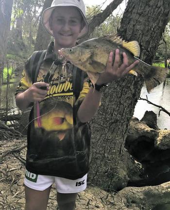 Young gun Kydan Atkinson with a yellowbelly caught on a Pirate spinnerbait. 