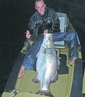 This 110cm barramundi was caught at Peter Faust Dam out of a Hobie Pro Angler kayak.