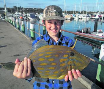 Luke Marchetti with a big leatherjacket he caught land-based from Blairgowrie Marina.
