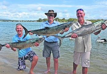 Chris Walter, Gavin Watts and Bruce Waldron with a few of the Spanish mackerel they boated on their latest trip to Chardons Reef.