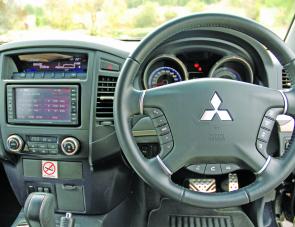 A host of important controls are mounted on the Pajero’s steering wheel for the driver’s convenience. 