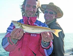 A winter’s day with mates on the water chasing whiting is well worth the effort. The author displays a gleaming school size whiting.