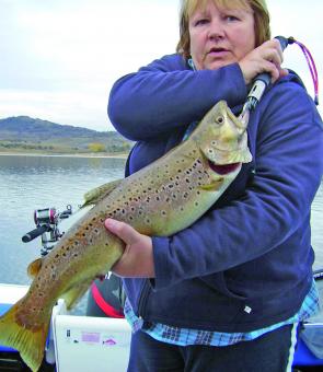 Leeann Howard of Frankston, Victoria, caught this great 63cm Lake Jindabyne brown trout on a pink Shakespeare Rod, pink braid, pink cowbells and a rainbow trout Rapala. 