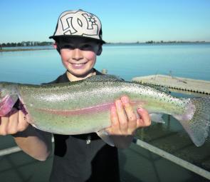 Nathan Ward with a tremendous rainbow trout from Lake Learmonth.