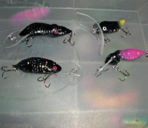 These Marz lures are designed and made for the local rivers and lakes. From left: top, the Timber Jack runs in 2m-3m and the Cicada is a surface lure; bottom, the Bot Fly runs in around 3m and the Bumble Bee is a shallow runner around 1m-2m.