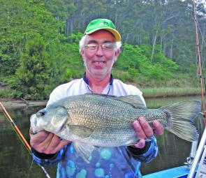 Joe Rodrigues with his first ever bass – 60cm of Shoalhaven horse. It's all downhill now, Joe.
