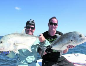 Here the author and Ashley Proud share the spoils of a light line popping session off the back of Ningaloo. They had spent the day before looking for these fish but to no avail, however two hours with a guide and they were calling for the decorub! Lesson 