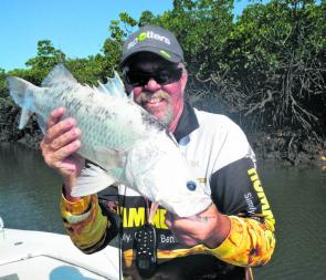 Graham Knight with an albino Hinchinbrook barra is one such operator who focuses on improving angler skill and know-how on charters, as well as catching fish. Hooking up with an operator with this ideology will put you in good stead, especially on an exte