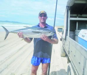 This Teewah Beach longtail tuna was caught on a Slider. Mac and longtail tuna can sometimes be found within casting range of the beach in February.