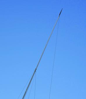 A close-up of one of the rigger poles showing the two separate halyards.