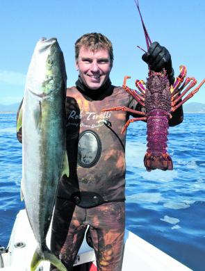 The author and Wilsons Promontory yellowtail kingfish and crayfish.