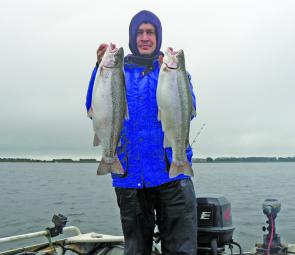 A couple big rainbows the author caught from Lake Bolac taken on trolled Rapala Shad-raps.