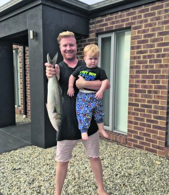 Daniel Bates caught these massive salmon measuring up to 67cm and weighing almost 3kg at McGaurans Beach on bluebait.