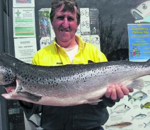 Local angler Ron Stewart with his massive 9kg Atlantic Salmon taken from Brushy Lagoon.