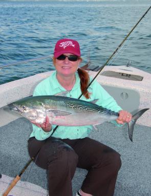 The author's wife Denise with a very good sized Moreton Bay mac tuna. 