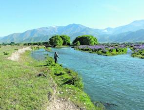 Always work the side waters on big streams. Denise took two fish from the small chutes exiting the backwater. 