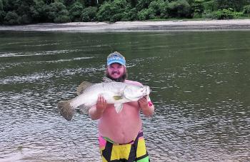Craig Hall nailed this cracker barra in shallow water, on a popper, too!