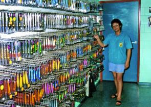 Cheryl Reid with just some of the Reidy’s Lures range in the Northern Territory factory and tourist attraction.